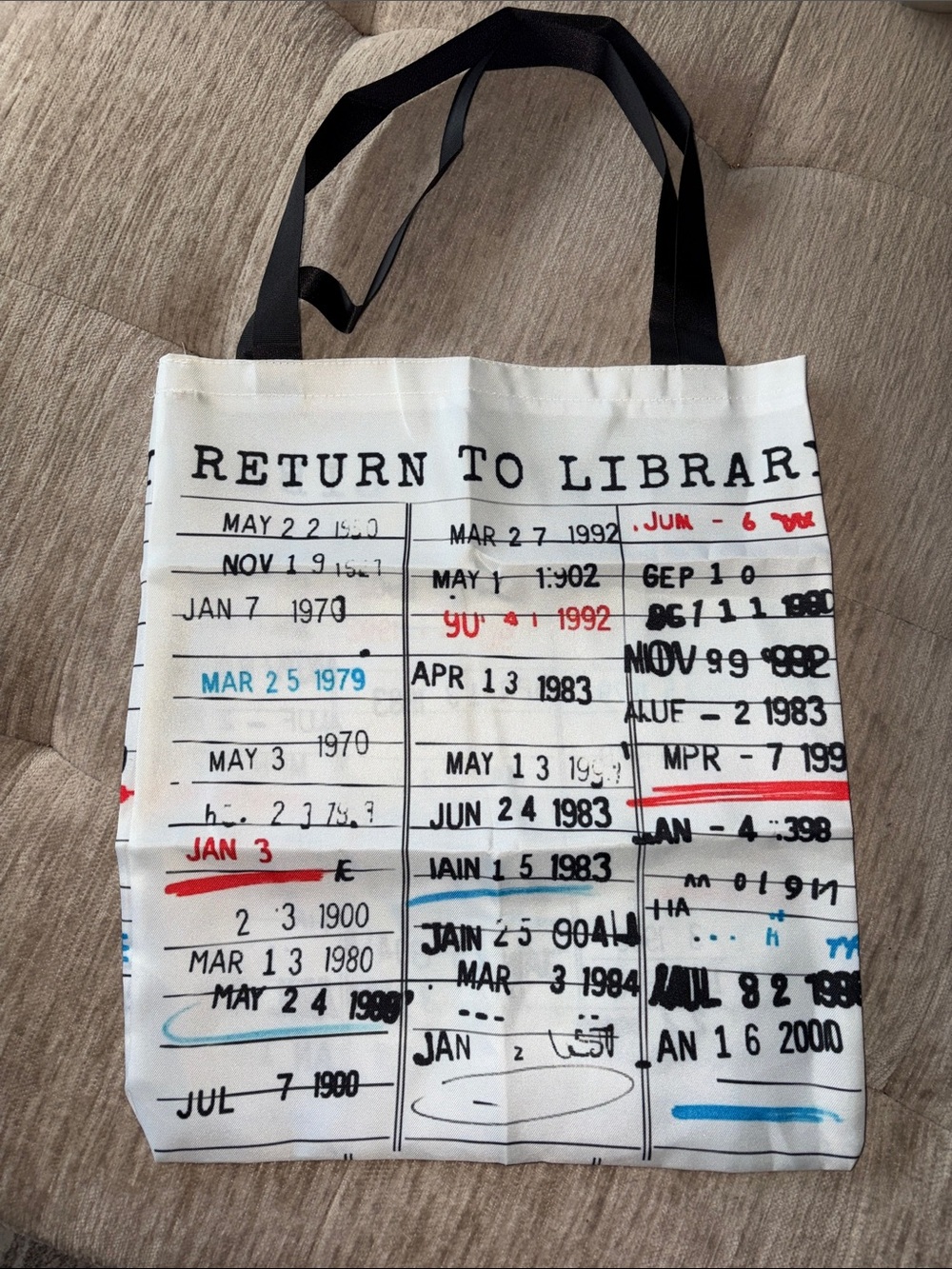 NEW Library Return Stamp Tote Bag White with Black Handles